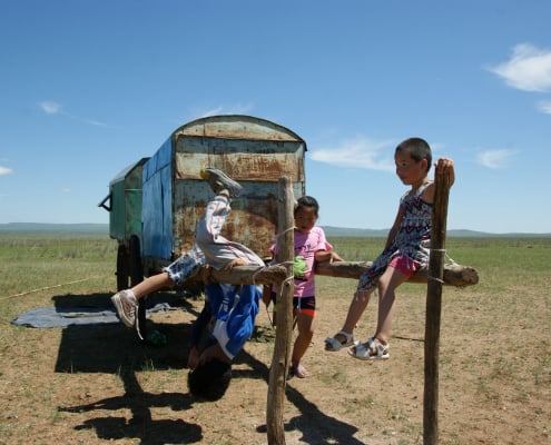 Children playing in Mongolian Steppe